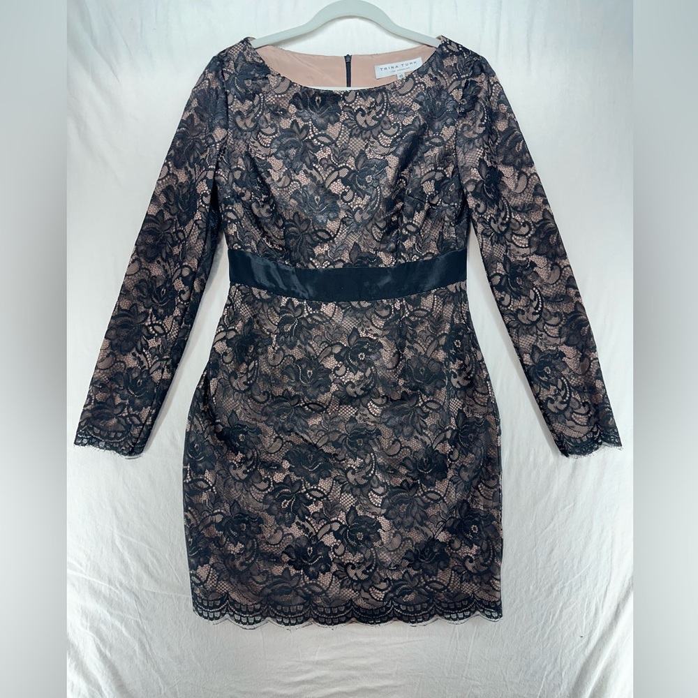 Trina Turk Dentelle Tan/Black Lace Long Sleeve 100% Silk Cocktail Dress Size 10
